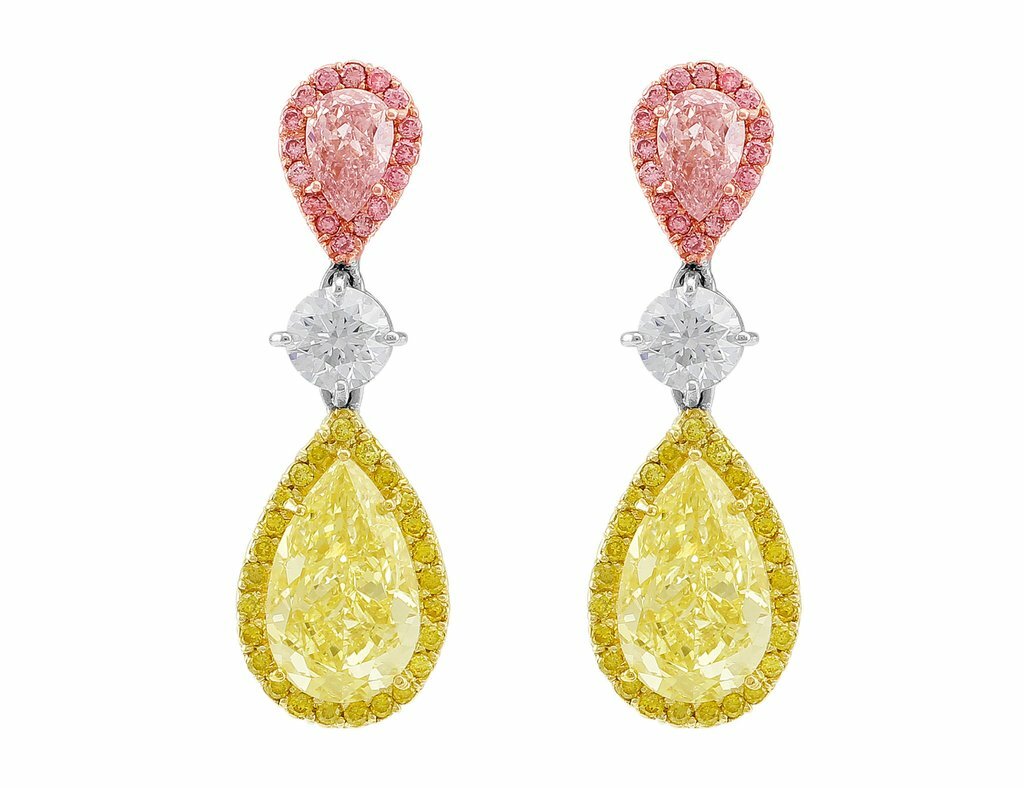 5Ct Lab-Created Yellow Pink Sapphire Cocktail Drop Earrings 3 Tone Gold Plated