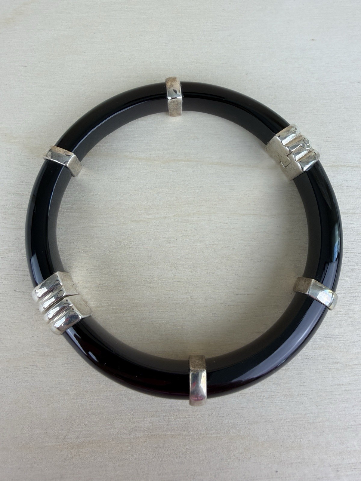 Sterling Black Onyx Hinged Bangle Bracelet 925 QVC Opaque Gemstone 7” 061702
