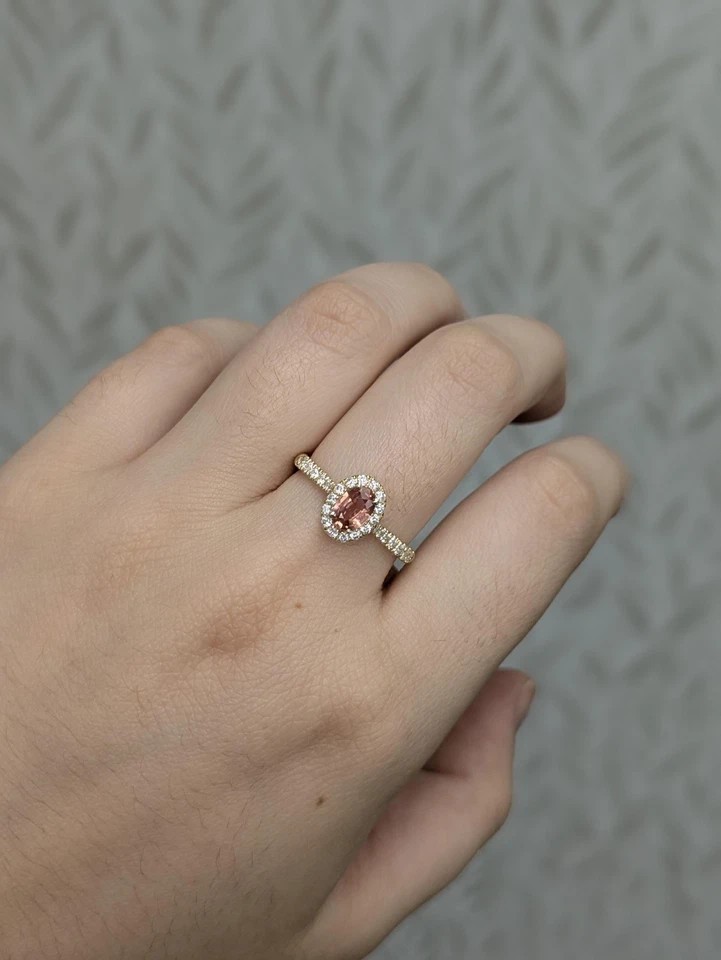 2.50 Ct Oval Cut Padparadscha Sapphire Diamond Anniversary Ring 14K Yellolw Gold