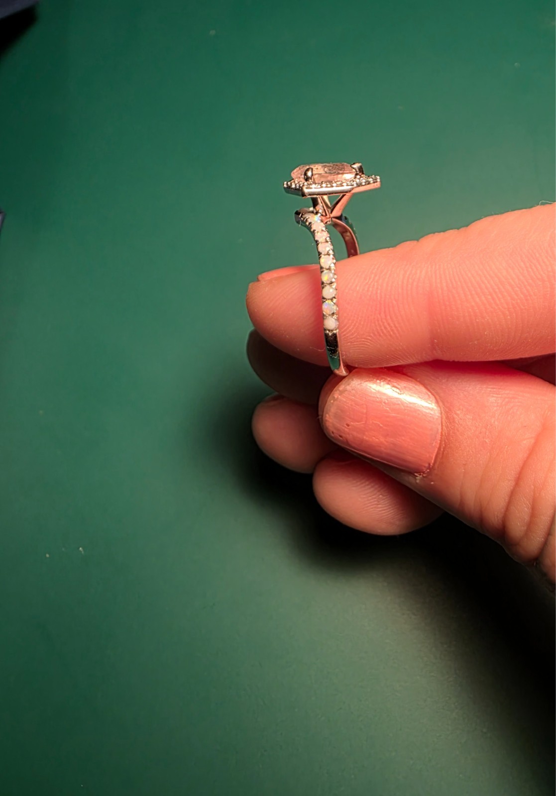 14k white gold ring size 7 pear shaped pink sapphire, 21 opals, 22 blue diamonds