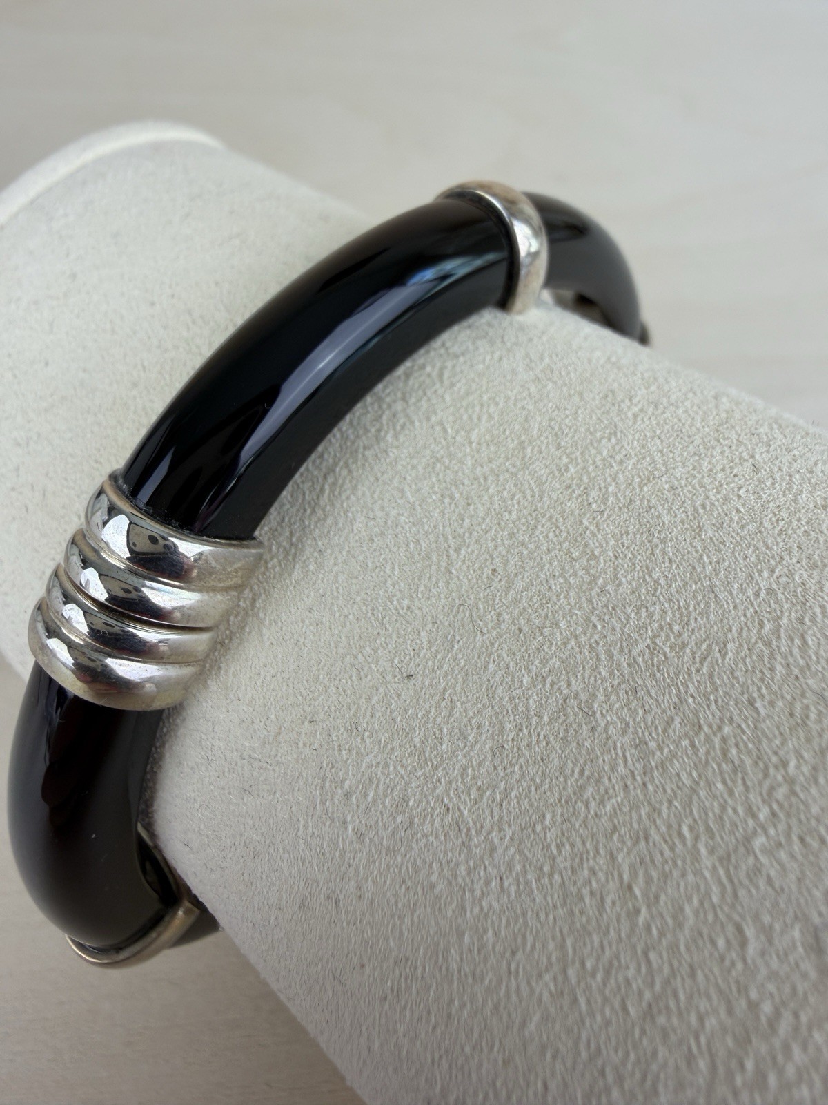 Sterling Black Onyx Hinged Bangle Bracelet 925 QVC Opaque Gemstone 7” 061702