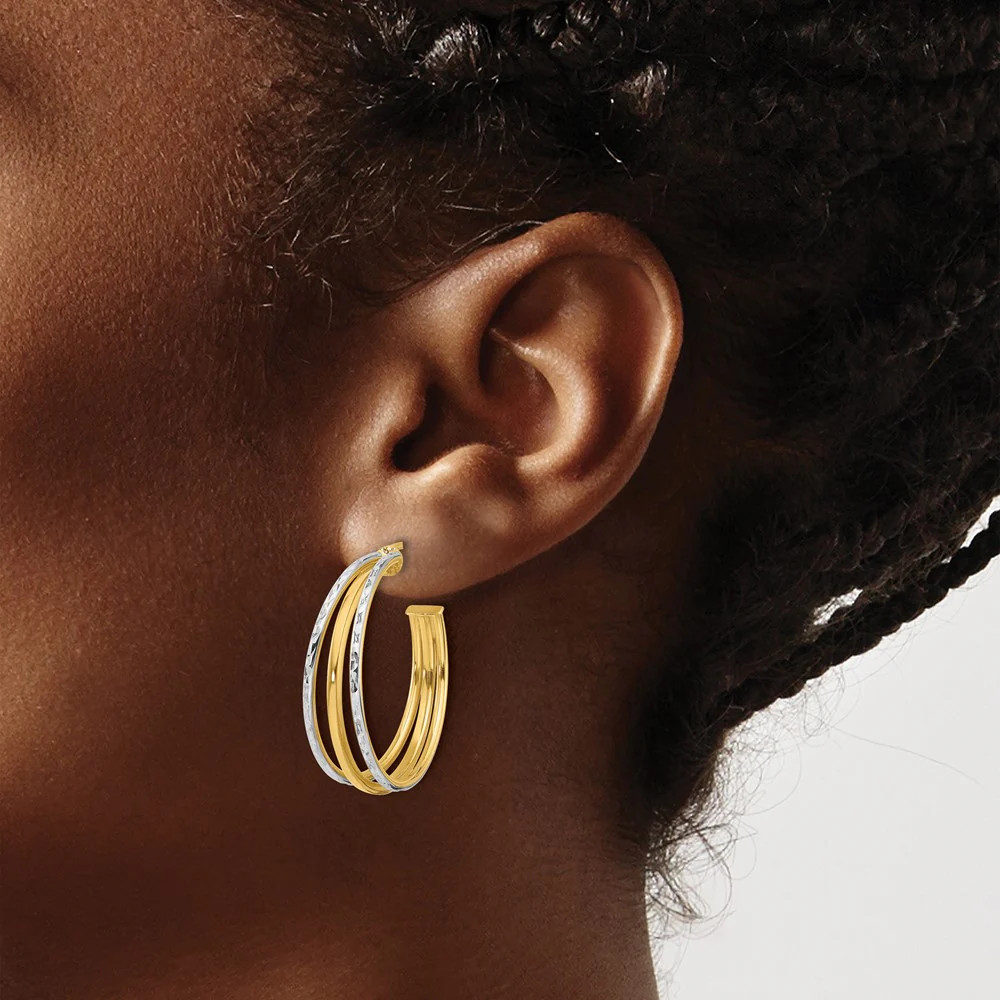 14K Yellow & RH With White RH And Diamond-Cut 3-Row Round J-Hoop Post Earrings