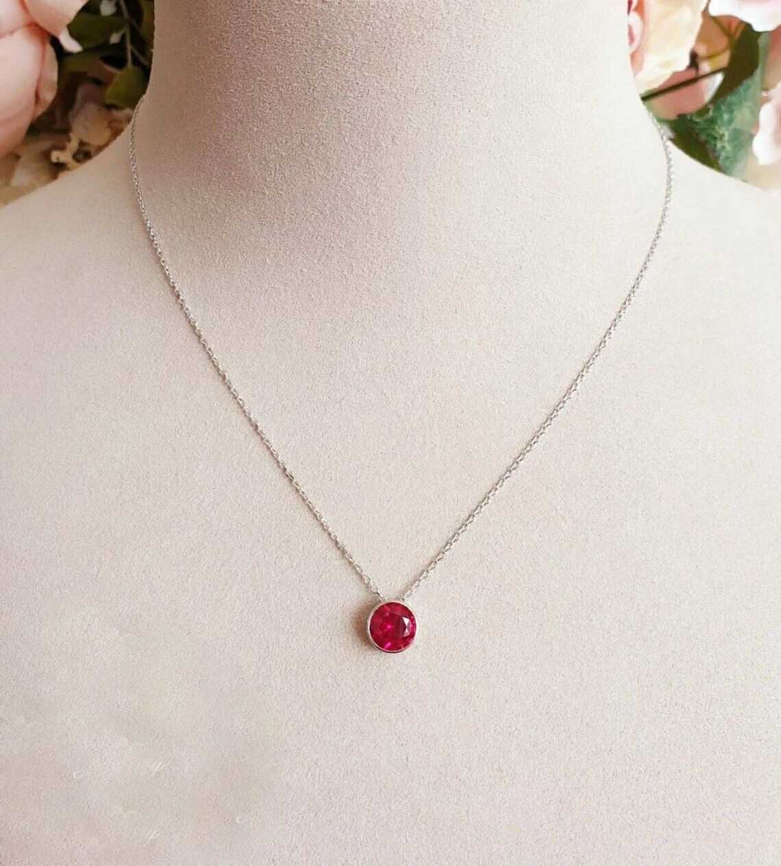 2 CT Solitaire Pink Ruby Bezel Set Pendant With Free Chain 14K White Gold FN