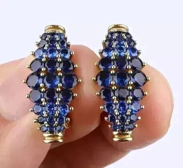 2Ct Round Lab Created Blue Sapphire Huggie Hoop Earrings 14K Yellow Gold Plated