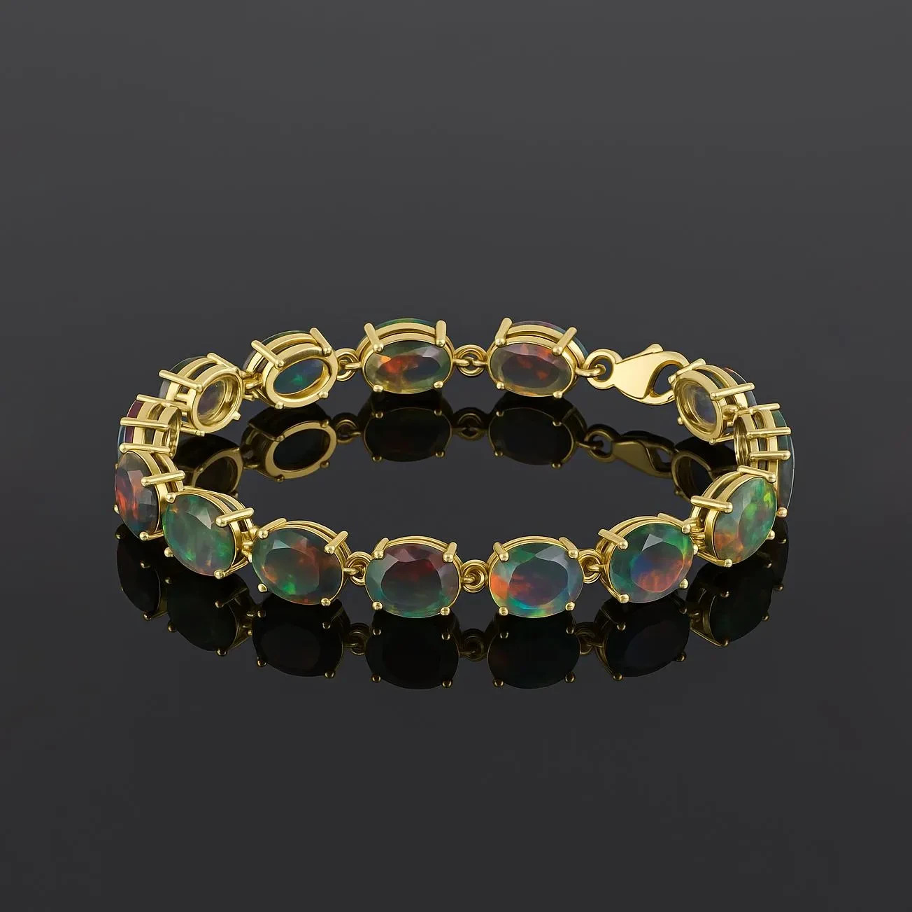 Genuine Black Opal Gemstone Silver Tennis Bracelet, Fire Opal Gemstone