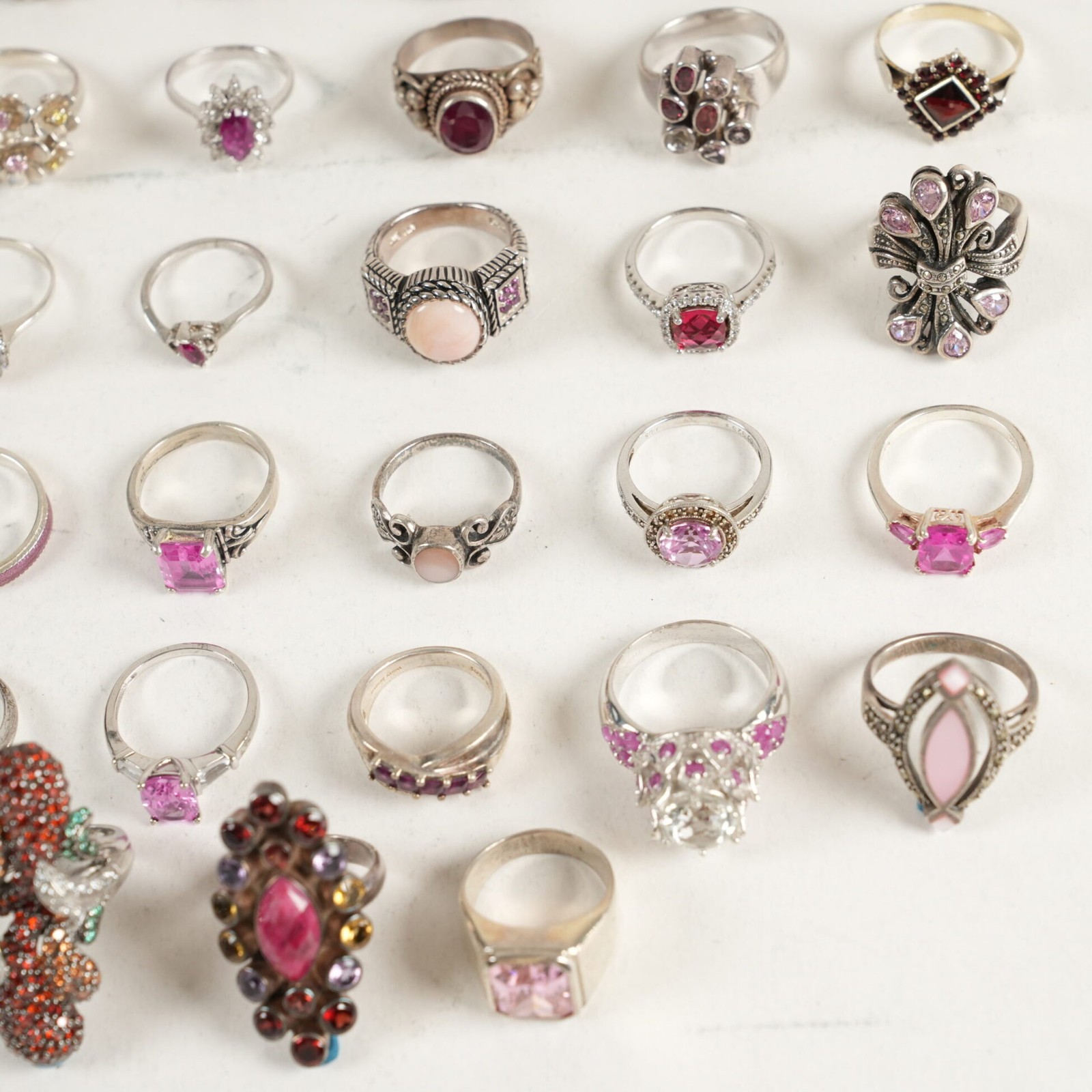 46x Sterling Silver Rings w/ Pink & Red Stones Assorted Styles & Sizes 270.9g