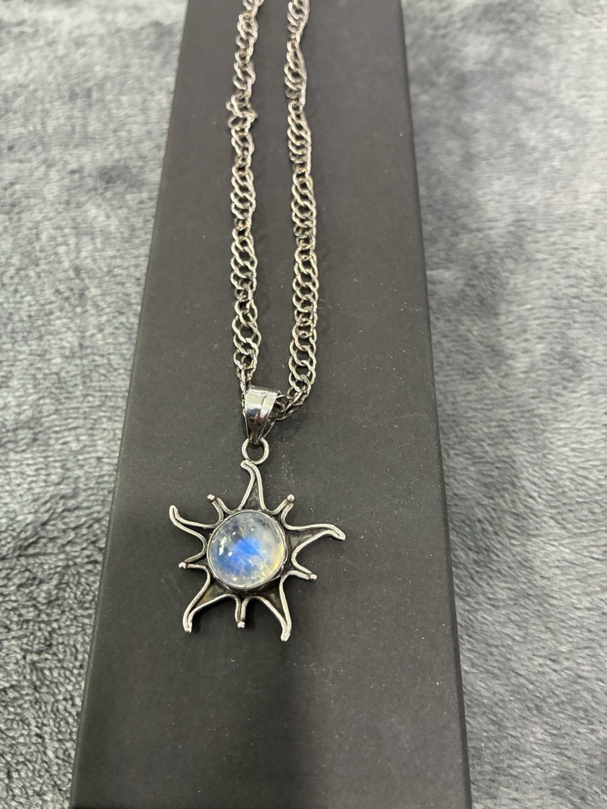 Sterling Silver 925 Blue Round Moonstone Sun Charm Pendant Rope Chain Signed