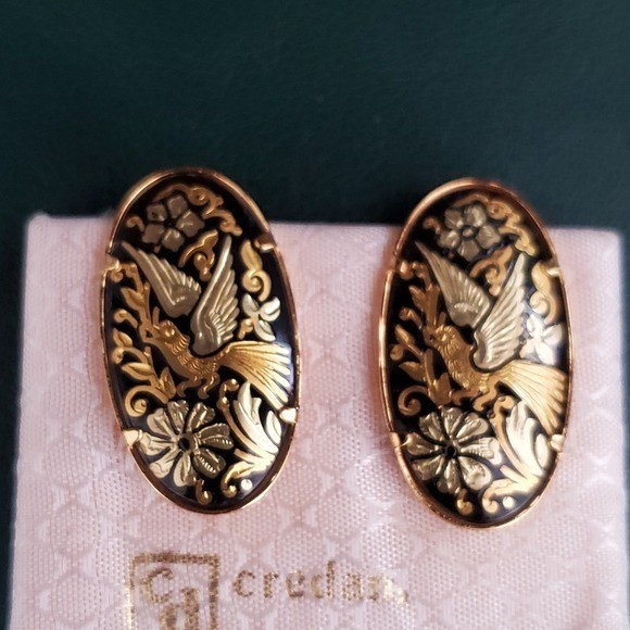 CREDAN S A SPAIN Damascene Clip Earrings 24 18 Carat Gold Birds Flowers Oval
