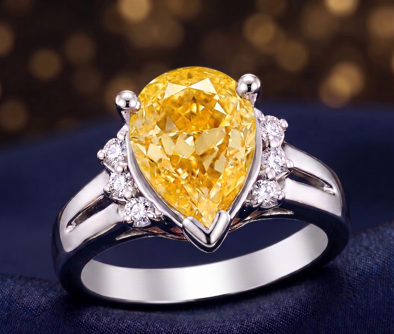5.00 Ct Certified Pear Cut Yellow Natural Diamond Ring VVS1 White Gold Finish