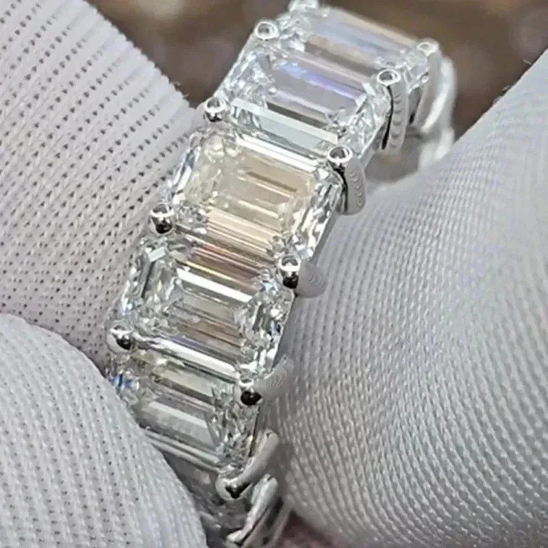 Rare 14 Ct Emerald Cut White Diamond Full Eternity Band in 925 Silver Free Gift