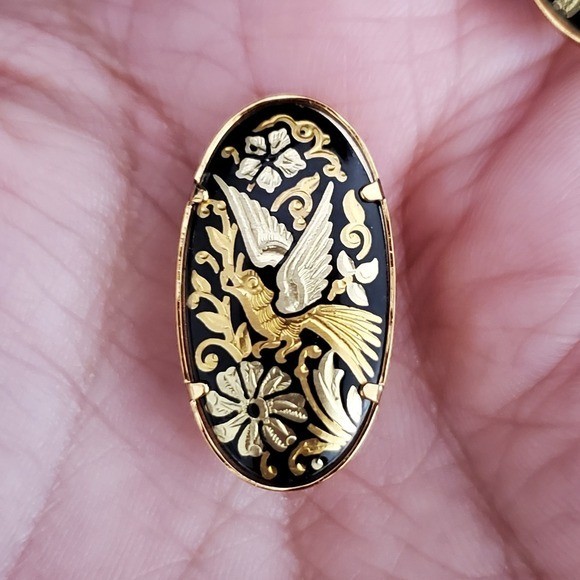 CREDAN S A SPAIN Damascene Clip Earrings 24 18 Carat Gold Birds Flowers Oval