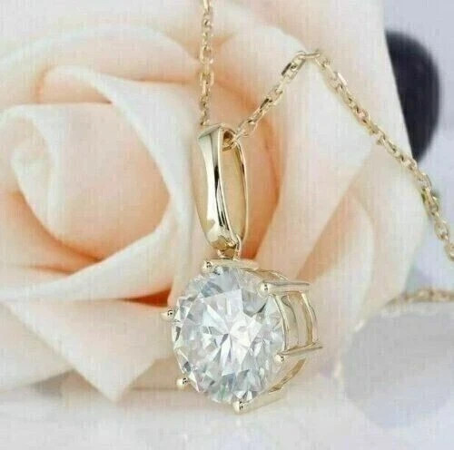 3Ct Round Real Moissanite Women’s Solitaire Pendant Chain 14k Yellow Gold Finish