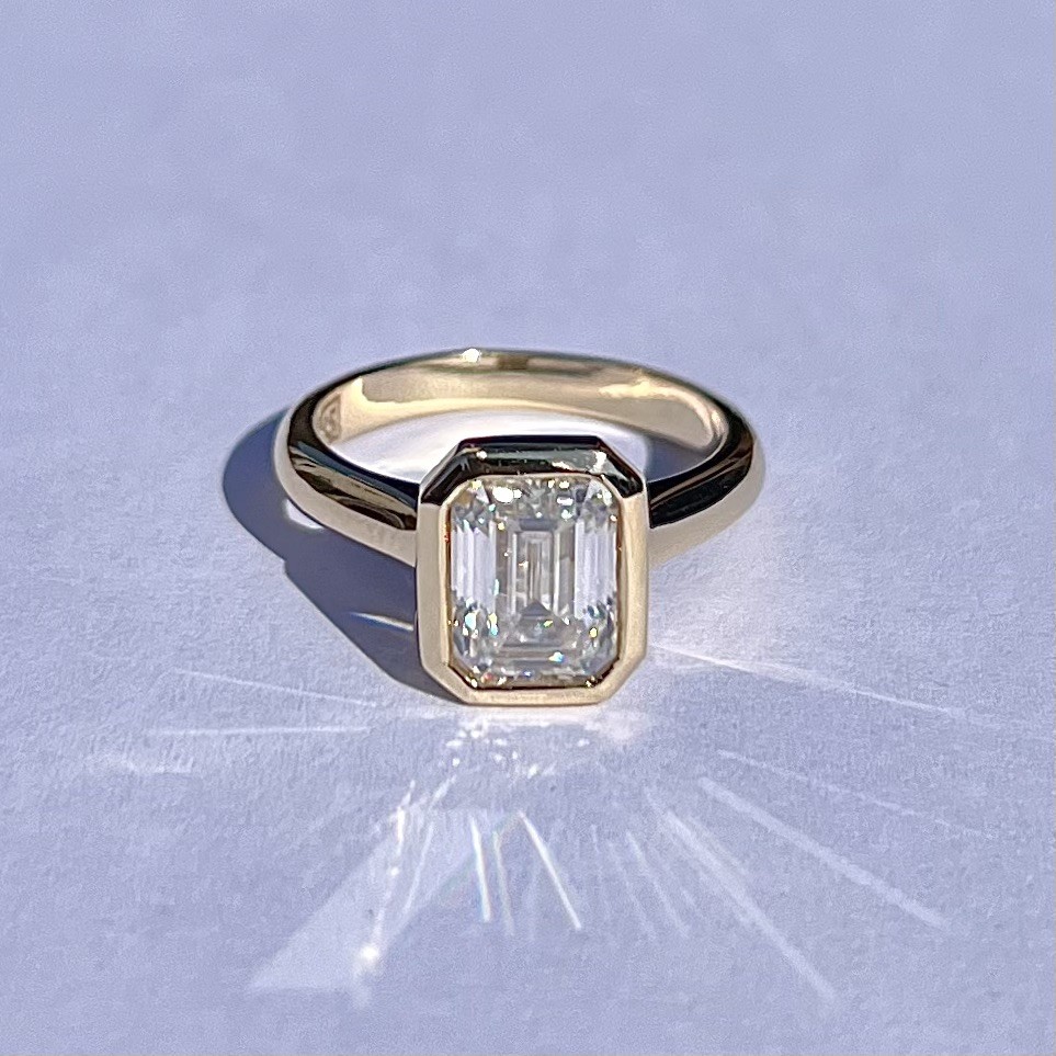 14ct Yellow Gold 2ct Emerald Cut Moissanite Bezel Engagement Ring Scott Bonomo