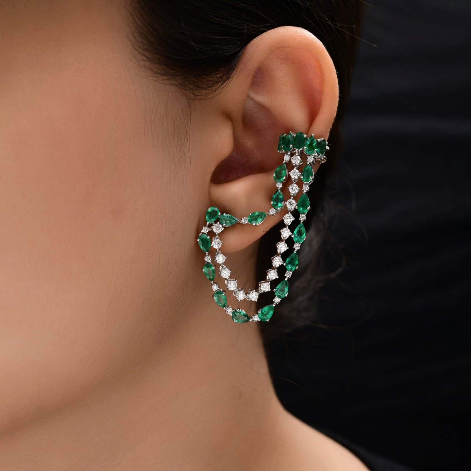 10.35 Tcw Zambian Emerald SI/H Diamond Climber Earrings 14k White Solid Gold