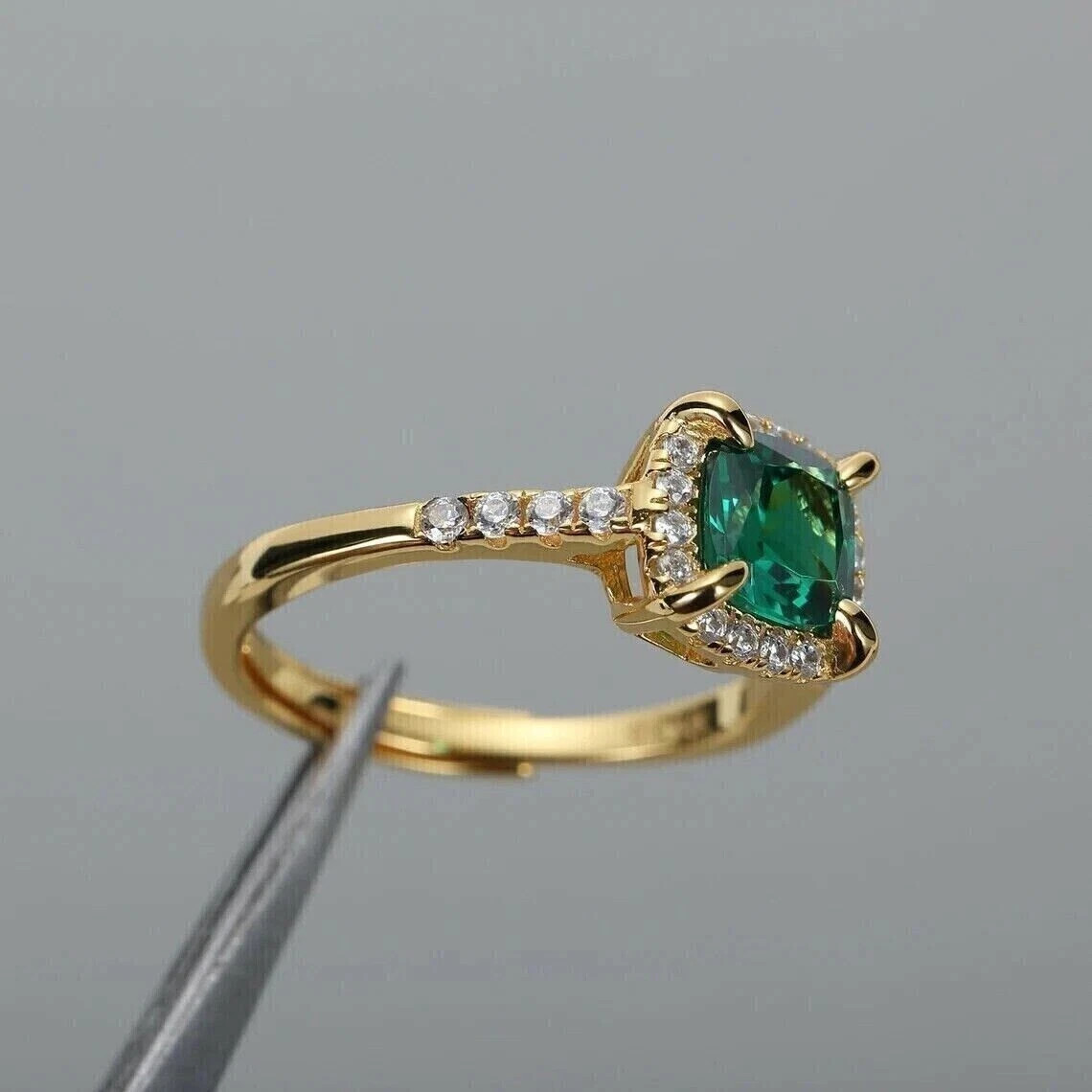 2CT Cushion Cut Natural Emerald Halo Engagement Ring 14K Yellow Gold Plated