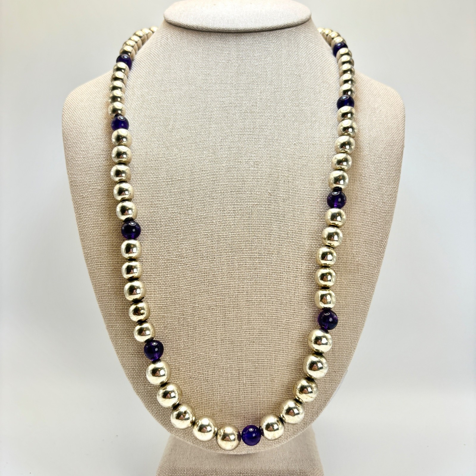 Black Onyx 12mm Beaded Station Necklace 925 Sterling Silver 26″ Length