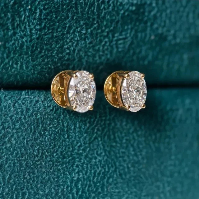 14K Yellow Gold Plated 2Ct Oval Cut Real Moissanite Halo Women Stud Earrings