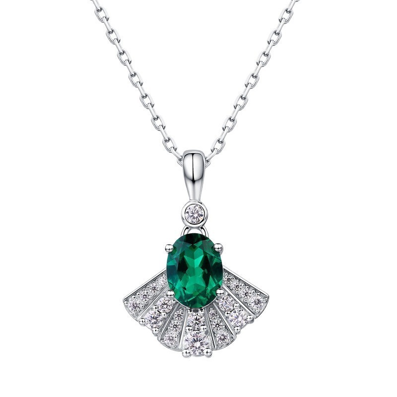 1.1ct Lab-Created Emerald Fan Pendant Necklace S925 Sterling Silver Gift