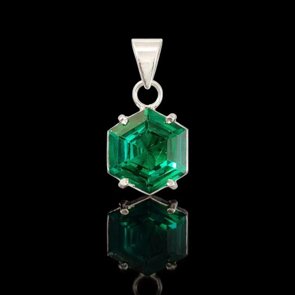18 Ct Natural Hexagon Cut Green Emerald Pendant 925 Sterling Silver Jewelry