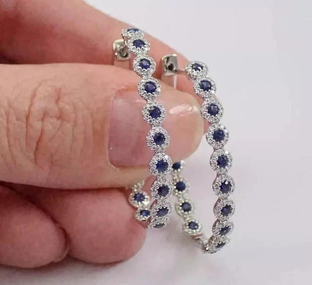 2Ct Round Lab Created Blue Sapphire Diamond Hoop Earrings 14K White Gold Plated