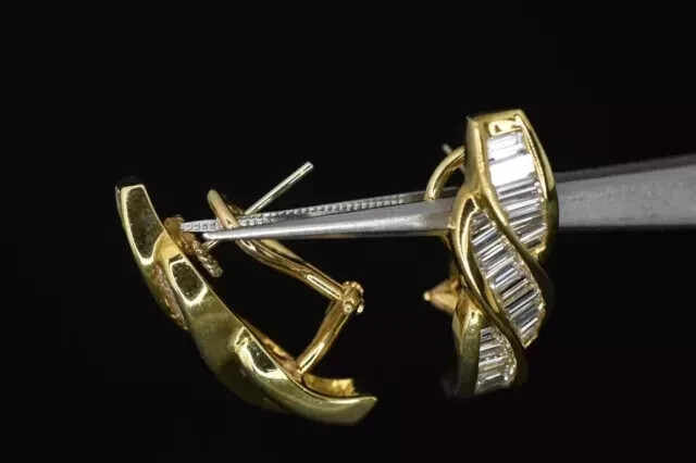 Lab-Created Diamond Omega Back Earrings Yellow Gold Plated 2.23Ct Baguette Cut