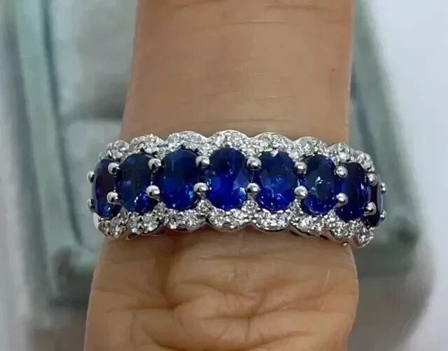 2Ct Oval Cut Natural Sapphire Wedding Band Ring 14K White Gold Plated 925 Silver