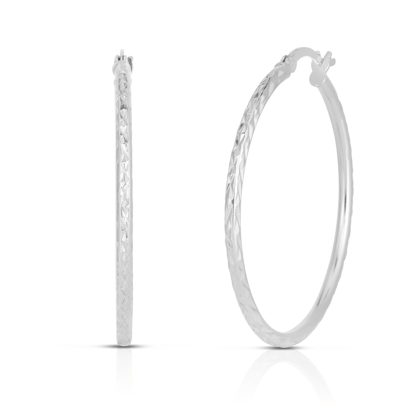 925 Sterling Silver Diamond Cut French Lock Round Hoop Earrings Sizes 25MM-40MM