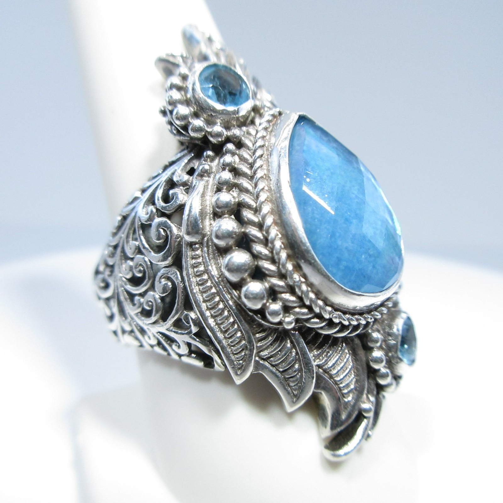 Sarda Sterling Silver Blue MOP Quartz Triplet & Swiss Blue Topaz Ring Size 9