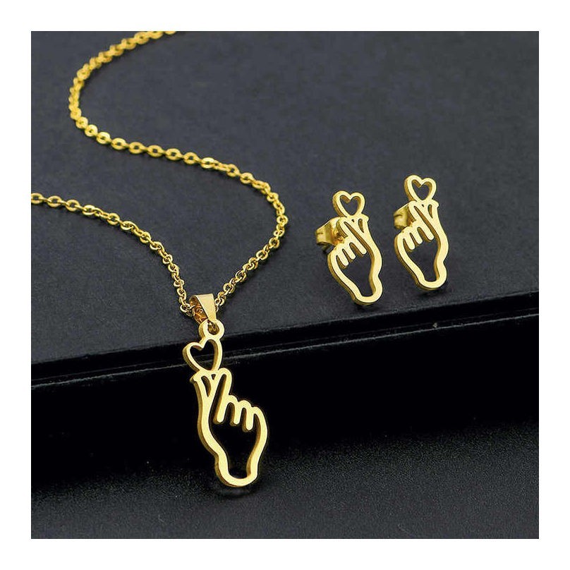 Korean Finger Heart Necklace Earrings Set Gold Stainless Steel Jewelry For Her