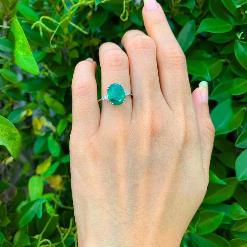 Natural Emerald Ring 14K Gold Oval 3ct Zambian Emerald Diamond Ring.