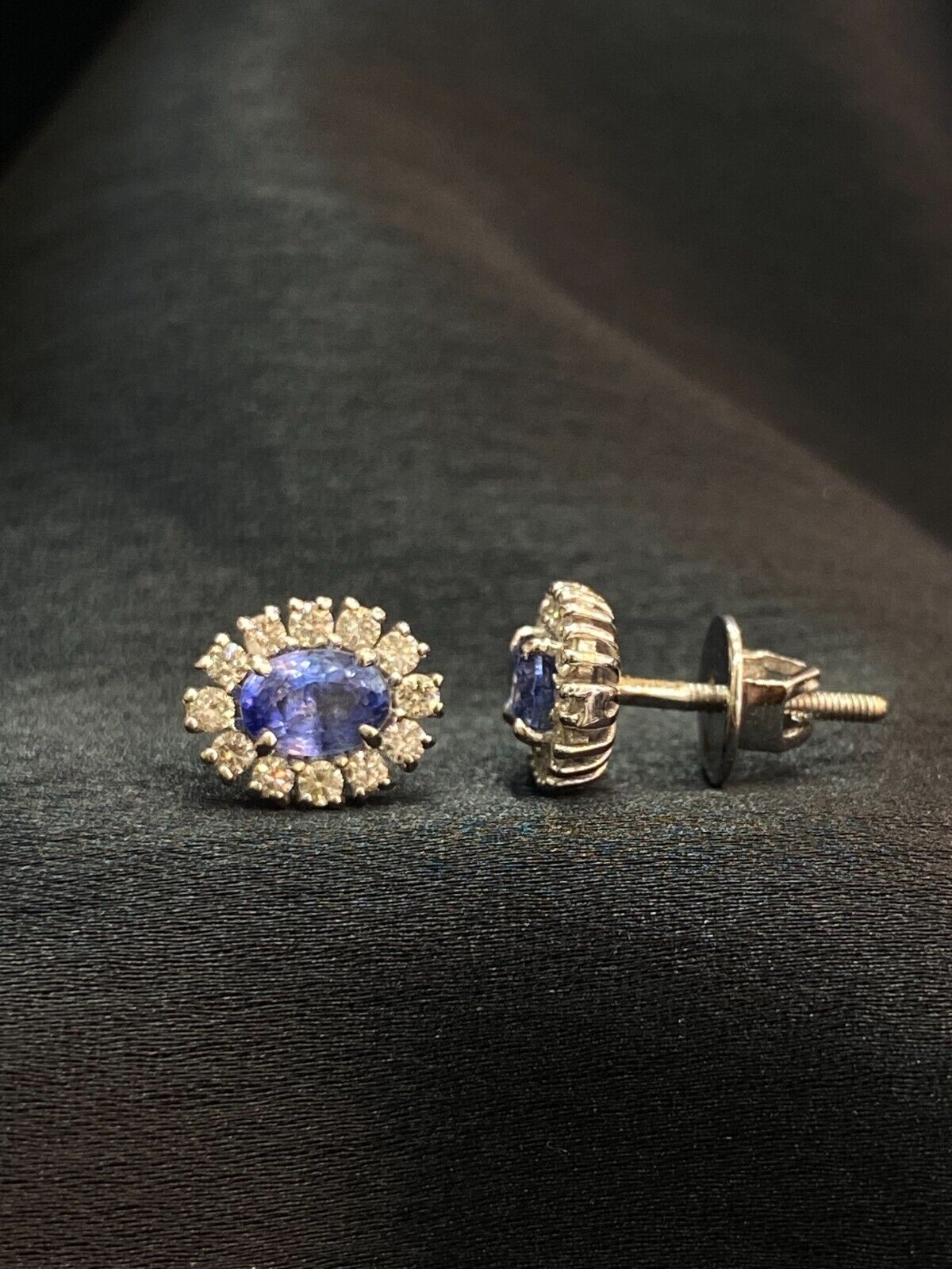 1.85 Cts Round Brilliant Cut Diamond Blue Sapphire Stud Earrings 14K White Gold