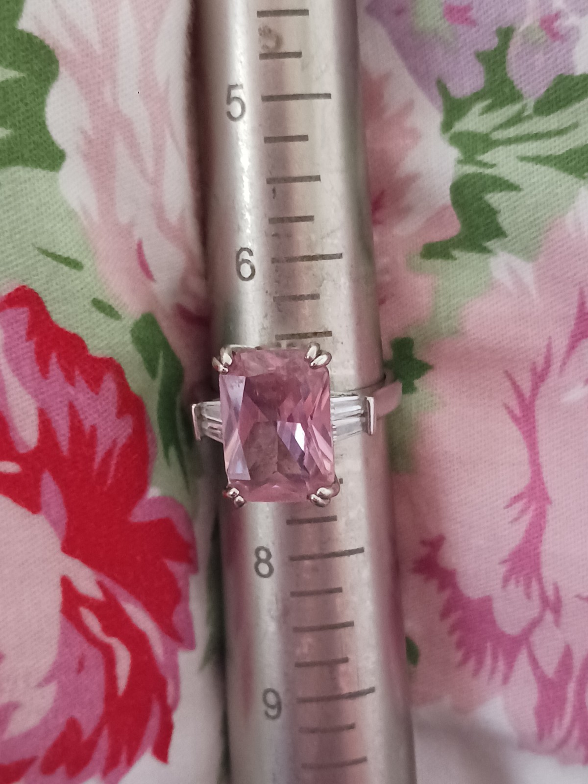 JTV, STERLING SILVER, EMERALD CUT, PINK & WHITE BAGGETTS,UNKNOWN STONE, SIZE 7