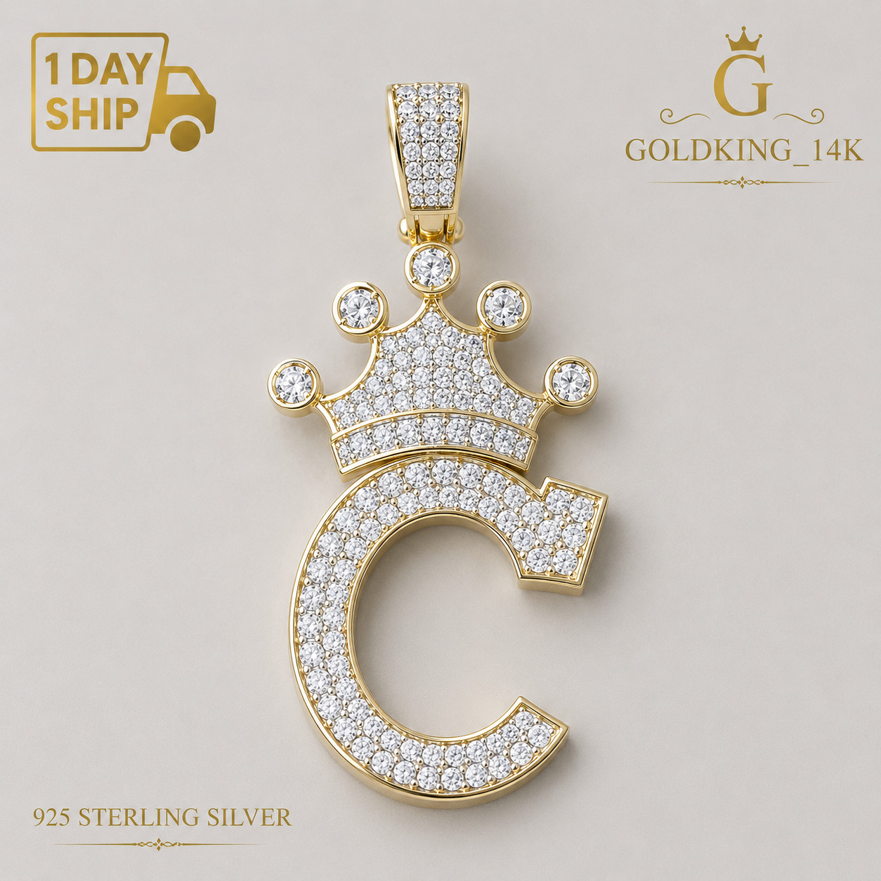 1.5Ct Round Lab-Created Moissanite C Crown Letter Pendant 14K Yellow Gold Plated