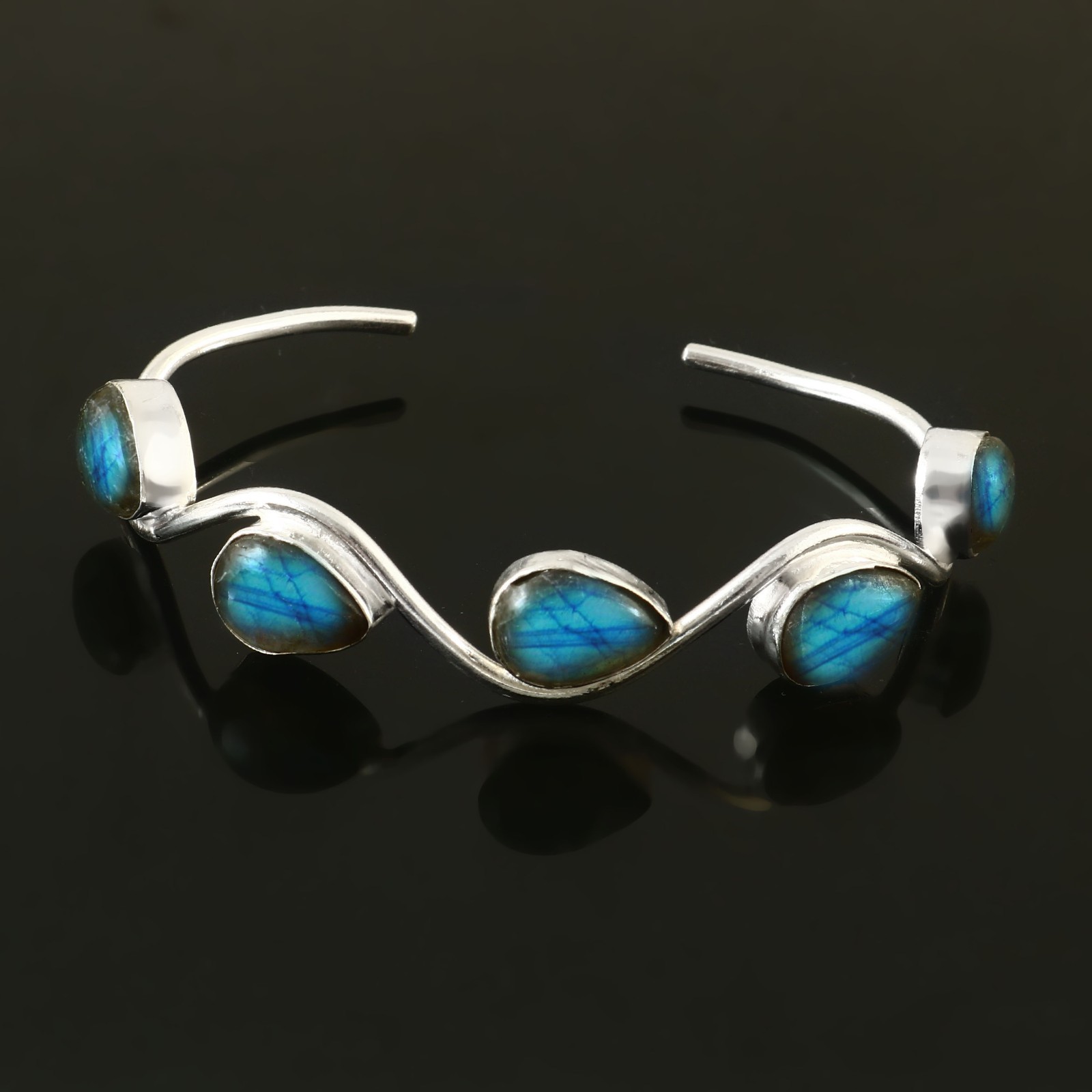 925 Sterling Silver Natural Labradorite Gemstone Jewelry Handmade Cuff Bracelet