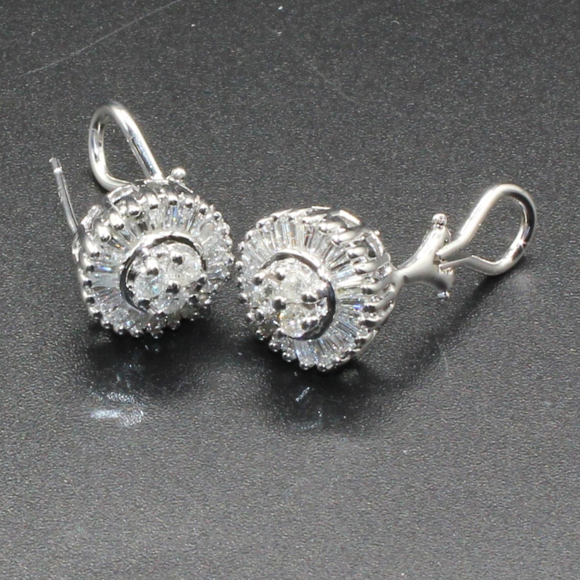14K White REAL NATURAL Diamond Cluster Earrings 1.25CT Baguette HEAVY Omega Back