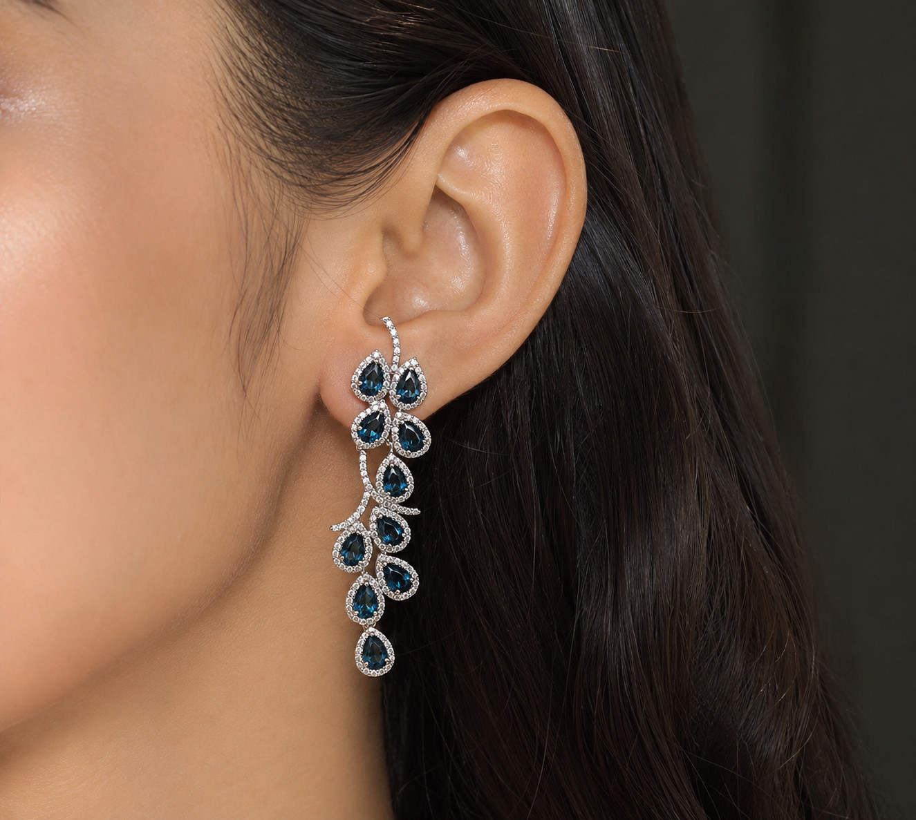 925 Sterling Silver Chandelier Earrings Natural London Blue Topaz Moissanite Dan
