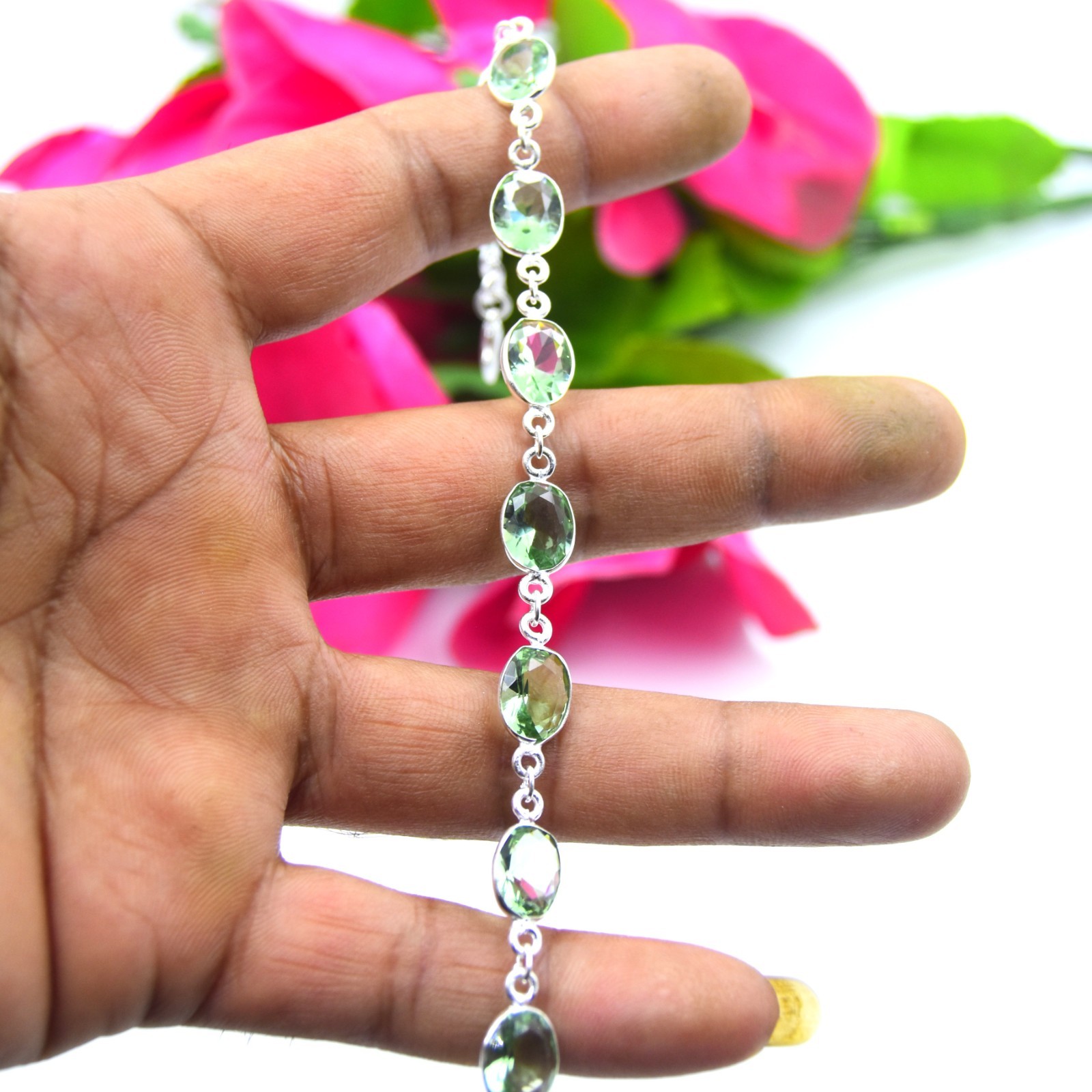 Green Amethyst Gemstone Handmade 925 Sterling Silver Jewelry Bracelet Sz-7-8″