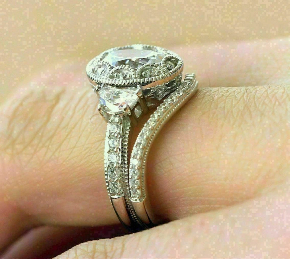 3.00CT Oval Cut Lab Created Bridal Engagement Ring Set 925 Sterling Silver SZ 9