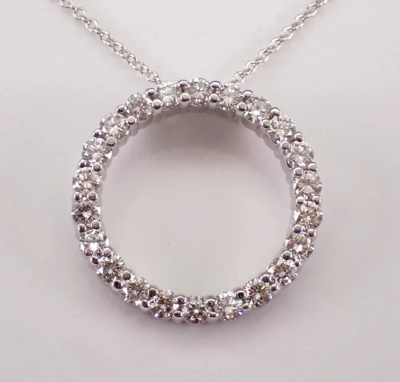 2Ct Round Cut Real Moissanite Circle Pendant 14K White Gold Plated Free Chain