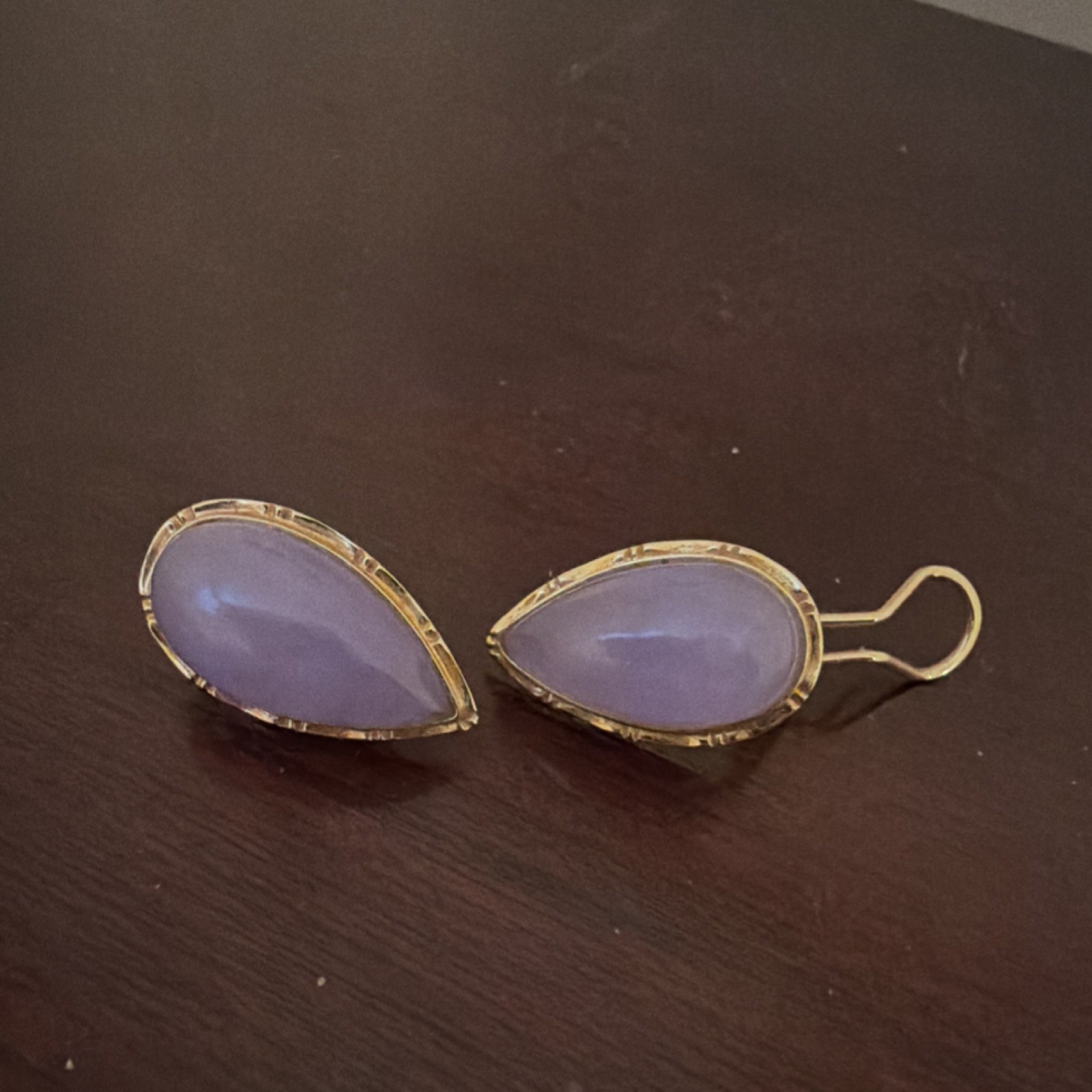 Vintage Lavender Jade Bezel-set Teardrop Earrings in 14KYellow Gold omega back