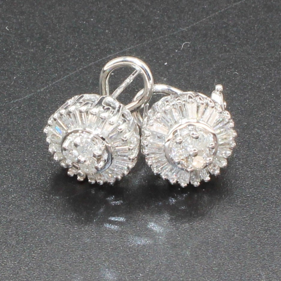 14K White REAL NATURAL Diamond Cluster Earrings 1.25CT Baguette HEAVY Omega Back