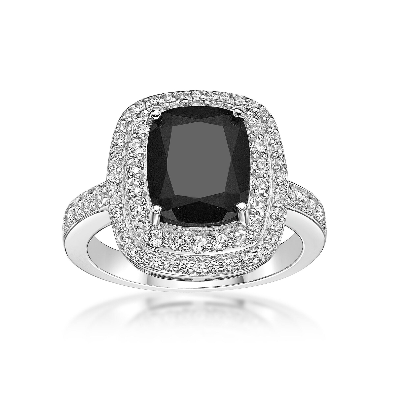 Sterling Silver Cushion Cut Black Onyx Ring with White Topaz Accent Sz 7