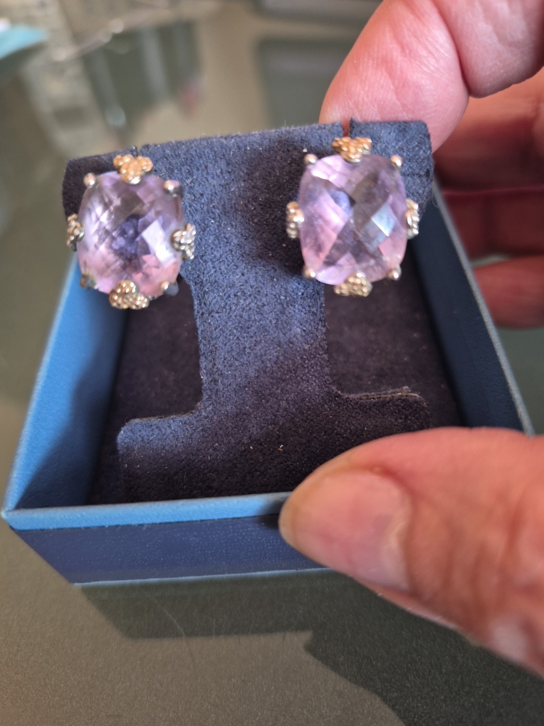 Designer Amethyst Silver 925 & Gold Omega Back Earrings NWOT