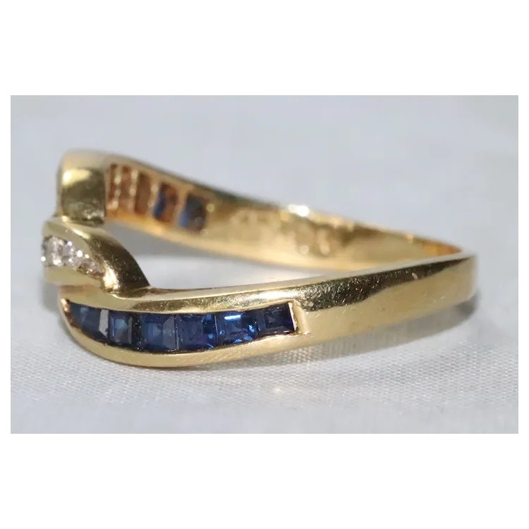 18K Yellow Gold Channel Set Diamond Sapphire Crossover Ring