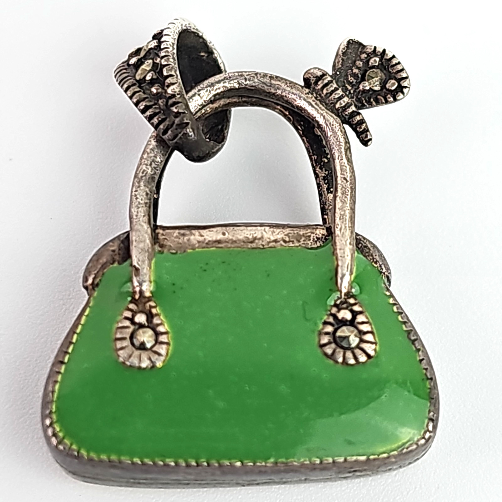 Sterling Silver Purse Pendant Charm 2 sided Cream Green Enamel Marcasite .75 in