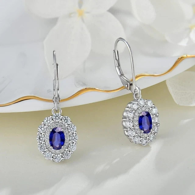 3 Ct Oval Lab-Created Blue Sapphire Drop/Dangle Earrings 14k White Gold Plated