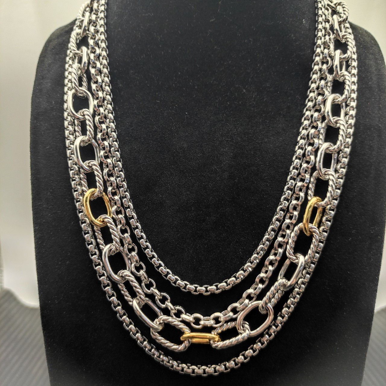 David Yurman Multi Layer Mixed Chain Bib Necklace 925 Silver 18K Gold 19.6in