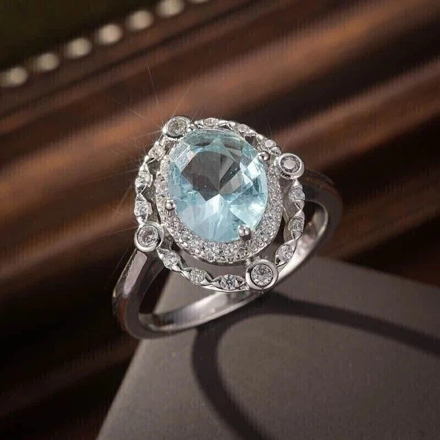 2.05 Ct Oval Cut Natural Aquamarine & Diamond Wedding Ring 14K White Gold
